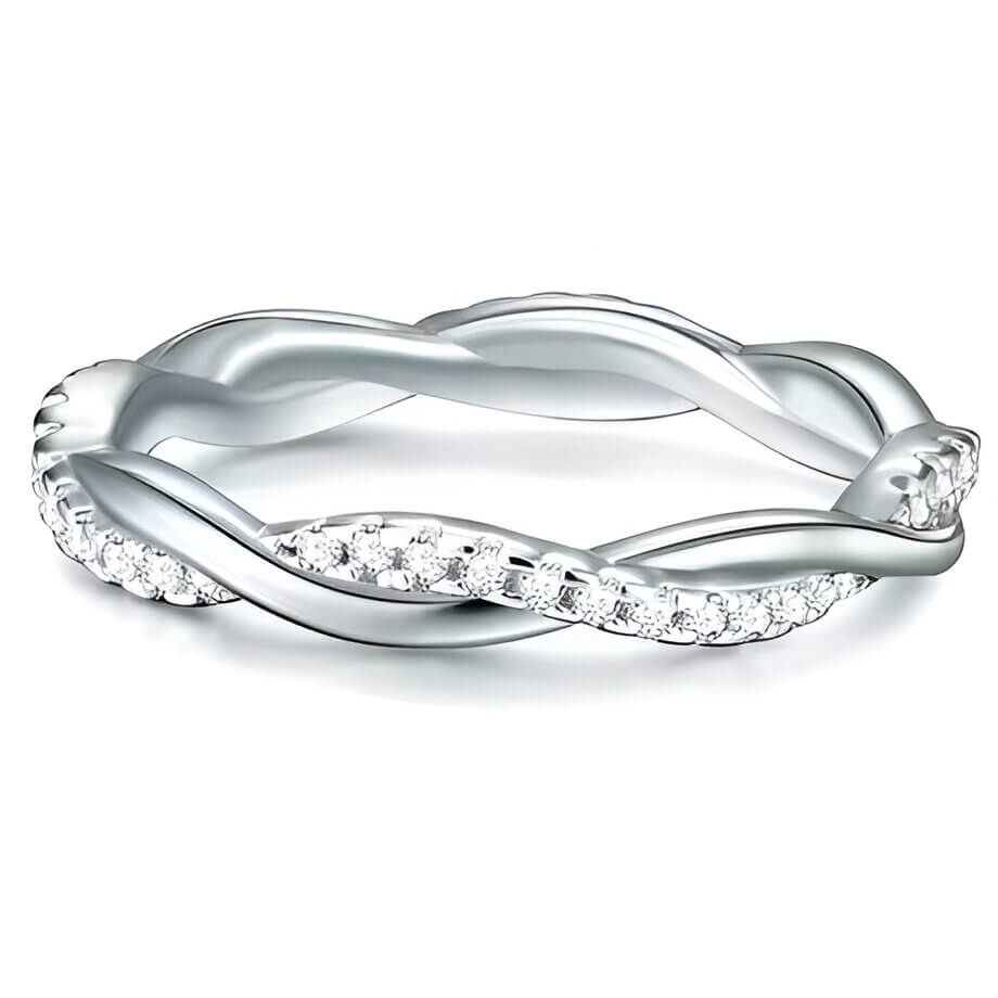 Alliance zirconium en argent sterling 925, bague femme entrelacée de diamants et or blanc 18K vue de face