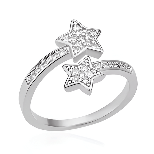 Bague fantaisie ouverte en or blanc et diamants naturels sur fond blanc.