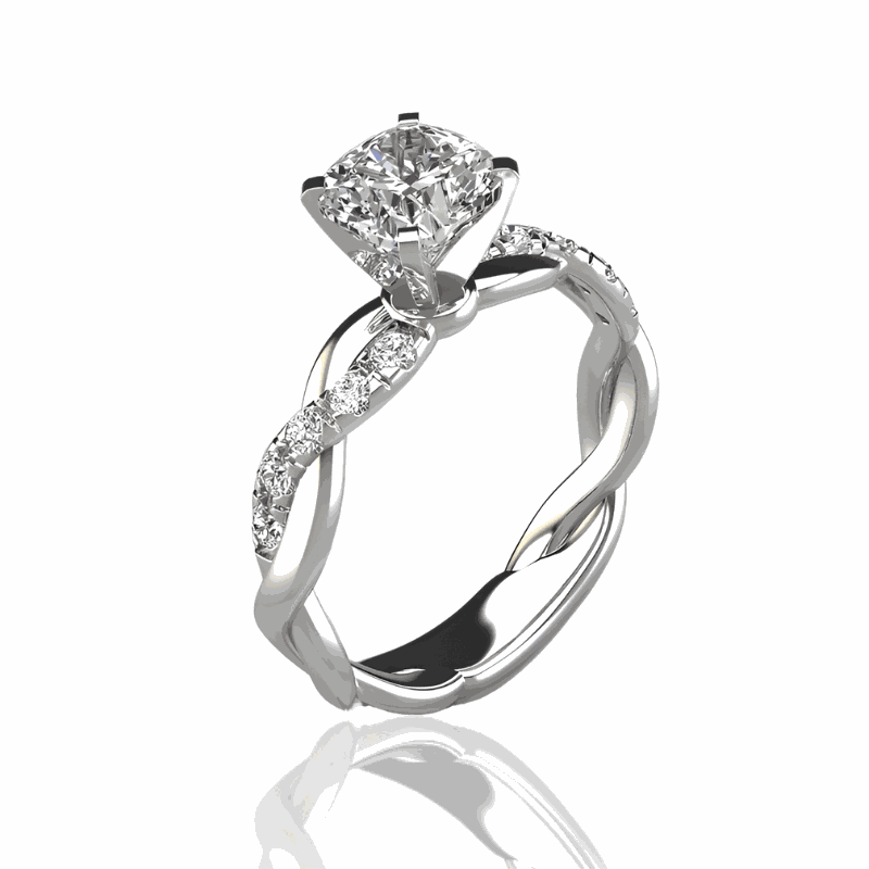 Bague solitaire tresse sertie de diamants vue de côté sur fond blanc.