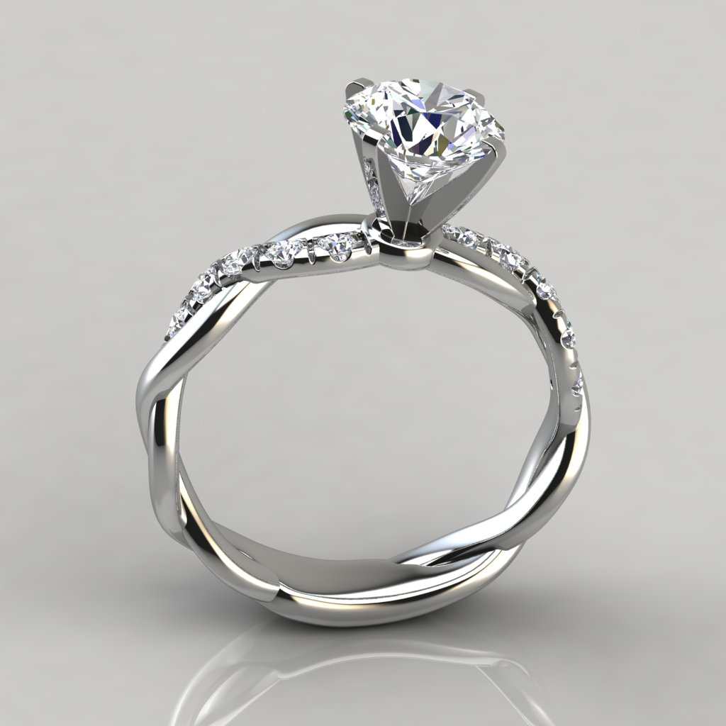 Bague solitaire tresse sertie de diamants vue latérale sur fond gris clair.