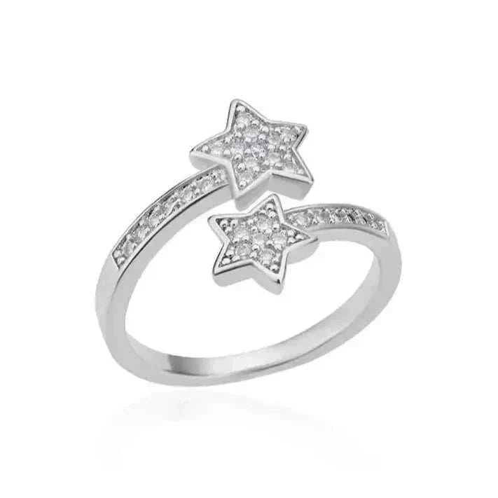 BAGUE OUVERTE EN ARGENT ÉTOILES FILANTES en acier inoxydable plaqué or blanc 18K, ornée de zircons scintillants. Bague élégante ouverte en argent.