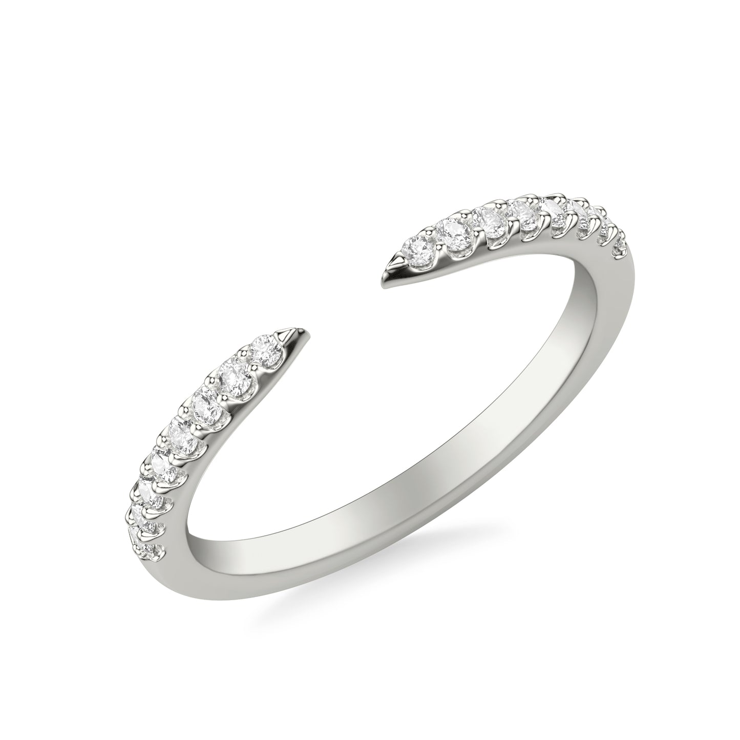 Vue latérale de la bague ouverte en argent sterling 925, ornée de diamants en zircon scintillants, avec une finition plaquée or blanc 18K, design chic et minimaliste - La Petite Rebelle