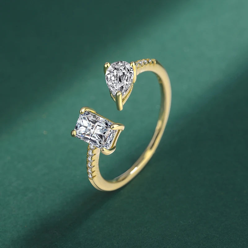 BAGUE OUVERTE EN OR ÉLÉGANCE NATURELLE sur fond vert, argent sterling 925 avec diamants de zircons et plaquage or 18K, bijou de luxe moderne, ouverte en or, idéal pour les femmes élégantes.
