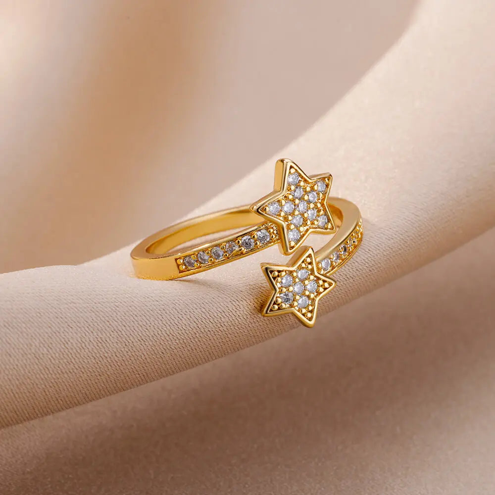 Bague ouverte en or étoiles filantes, élégante et raffinée, acier inoxydable plaqué or 18K, parfaite pour toutes occasions.