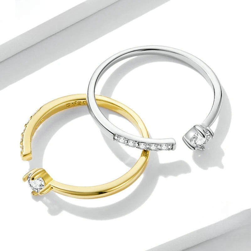 Bague ouverte en or et or blanc avec zircons, finition soignée en argent sterling 925, bijou lumineux et sophistiqué - la-petite-rebelle