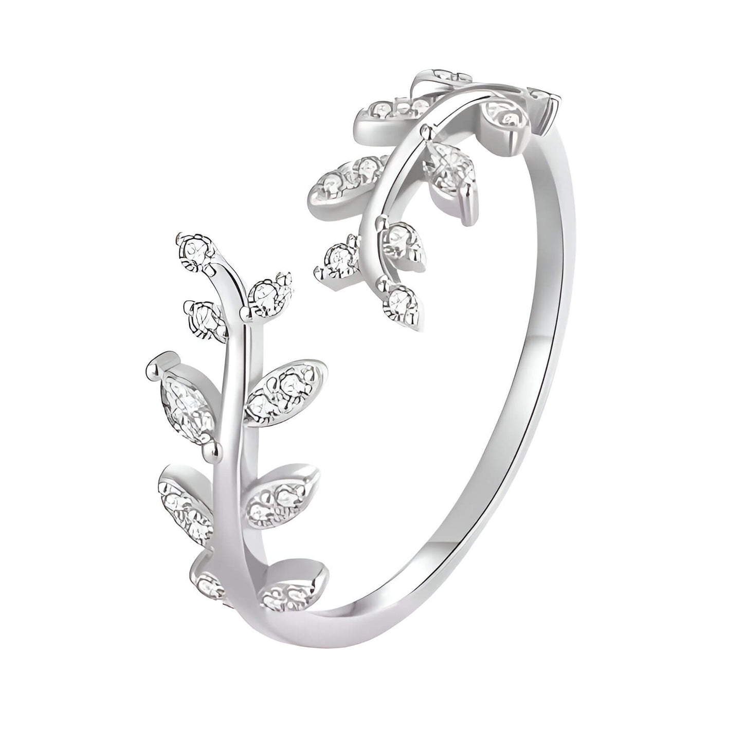 Bague ouverte feuille de laurier Caméllia en argent 925 plaqué or blanc et diamants sur fond blanc.