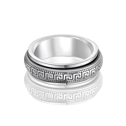 Bague rotative anti-stress en argent 925 et platine sur fond blanc.