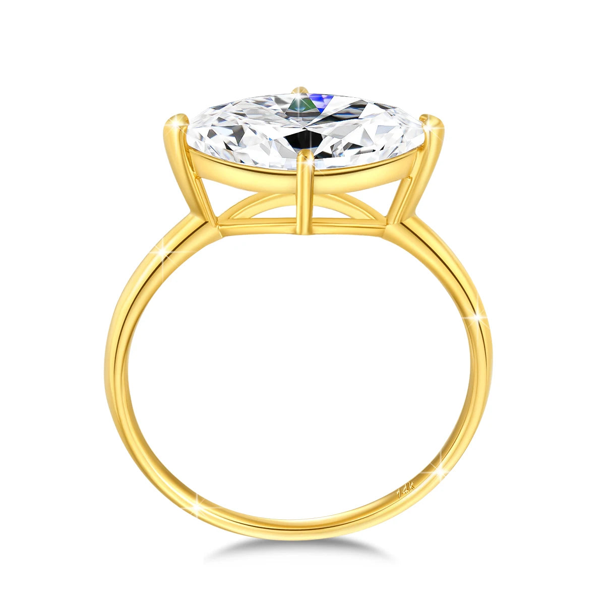 Bague solitaire navette serti quatre griffes en or jaune et diamant synthétique vue latérale.
