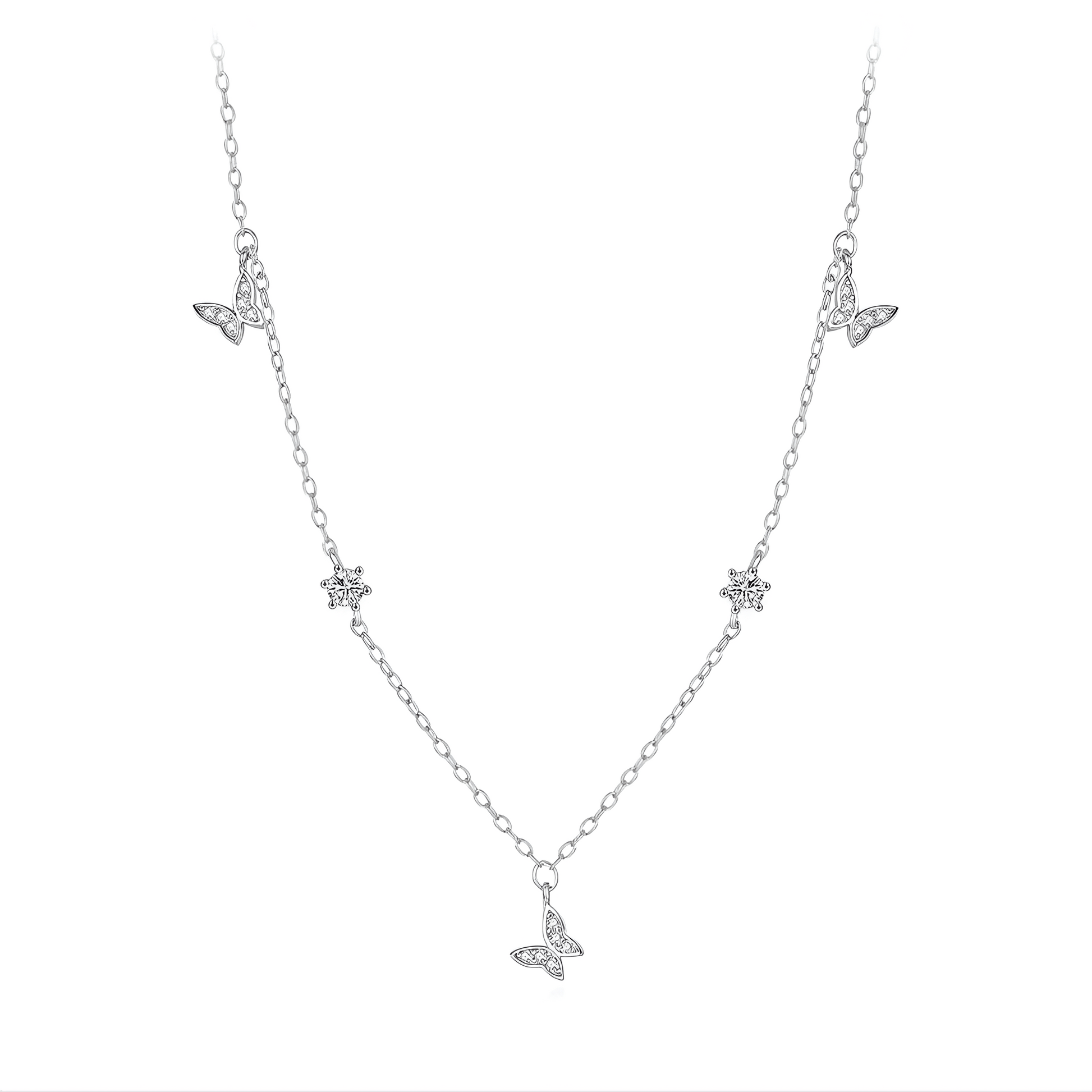 Chaîne papillons en or blanc et diamants naturels sur fond blanc.