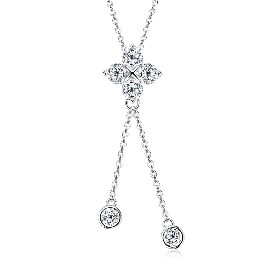 Collier fleur étincelante à pampilles en argent sterling 925 plaqué or blanc 18K sur fond neutre, bijou de luxe