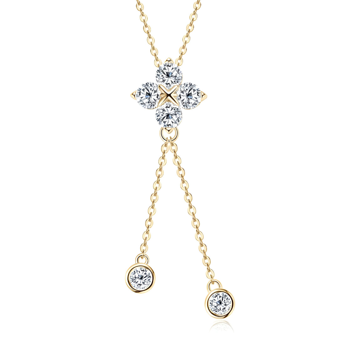 Collier fleur étincelante à pampilles en argent sterling 925 plaqué or 18K sur fond blanc, bijou chic de luxe