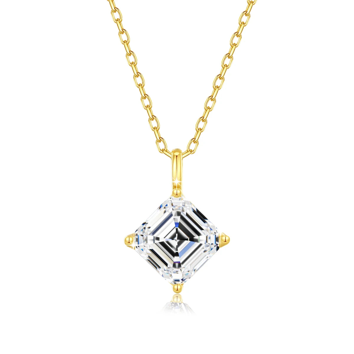 Pendentif solitaire asscher en or jaune et diamant synthétique sur fond blanc.