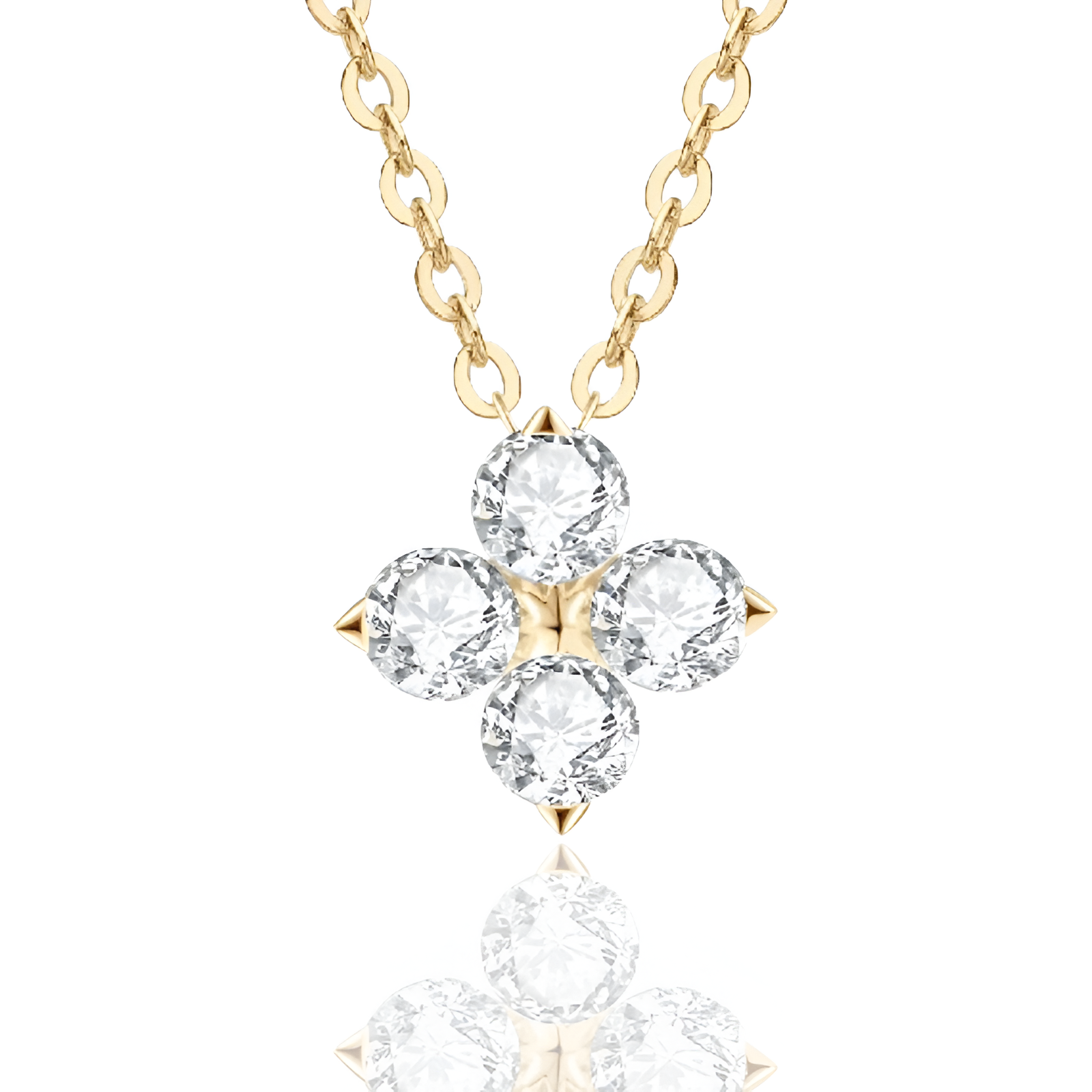 Pendentif solitaire en or jaune et diamants synthétiques sur fond blanc.