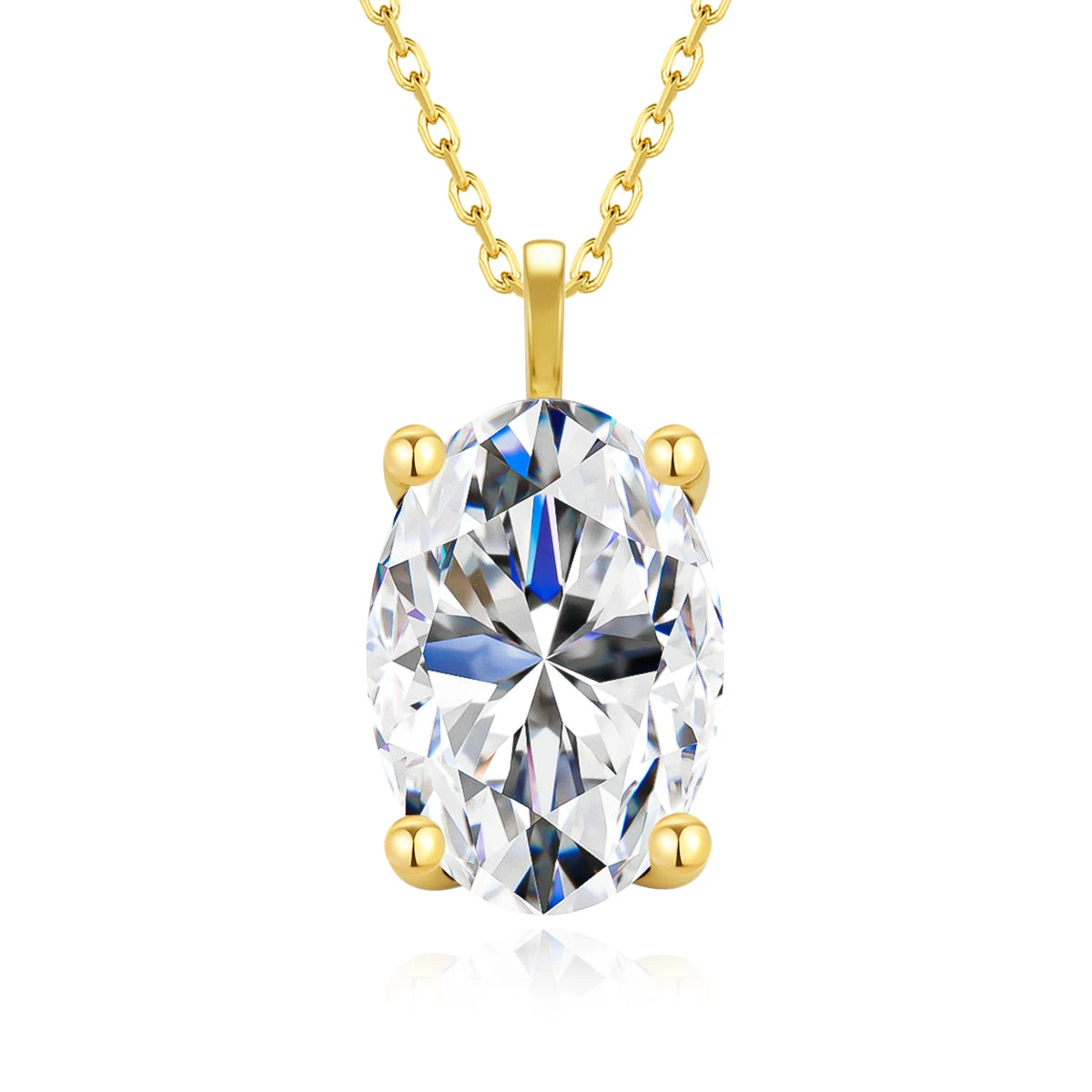 Pendentif solitaire ovale en or jaune et diamant synthétique sur fond blanc.