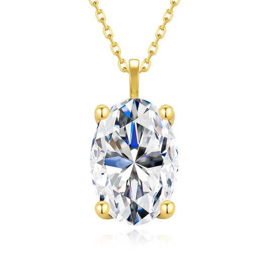 Pendentif solitaire ovale en or jaune et diamant synthétique sur fond blanc.