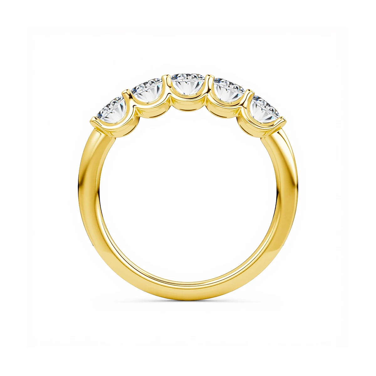 Alliance cinq pierres Emylia en or jaune 14K rayonnant et diamants taille ovale vue latérale.