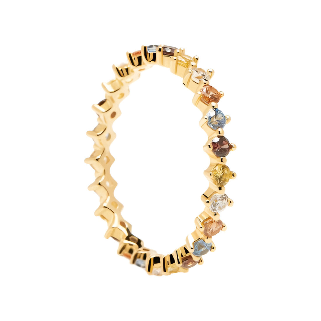 Alliance d'éternité diamants multicolores Terranis en argent 925 plaqué or jaune lumineux debout.