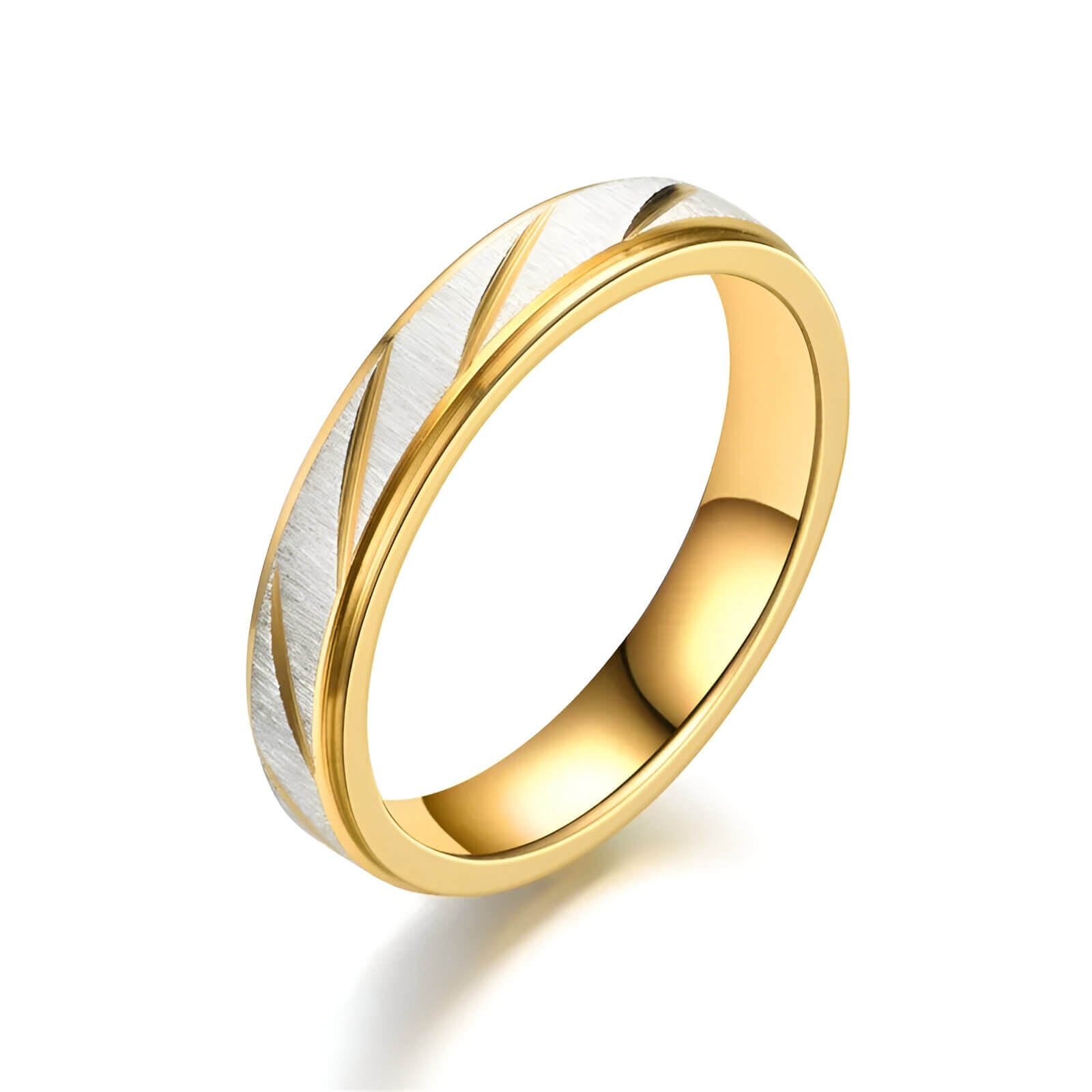 Alliance de mariage ruban blanc rayé de 4mm Hélios en acier inoxydable 316L plaqué or jaune 14K sur fond blanc.