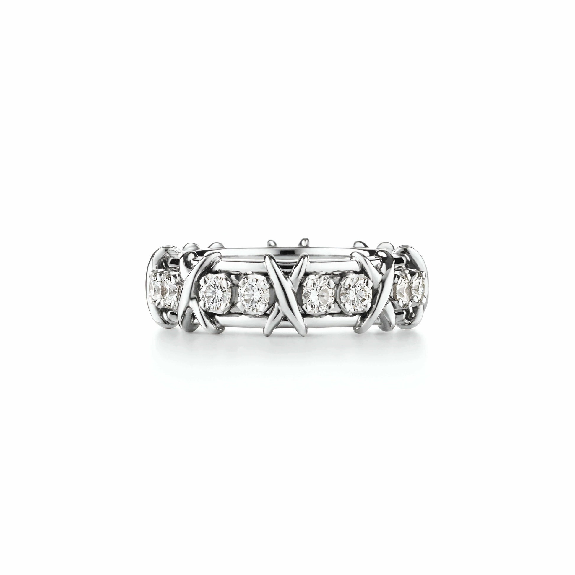 Vue de face d'une Alliance Paire de Moissanite variante or blanc à plat sur fond blanc.