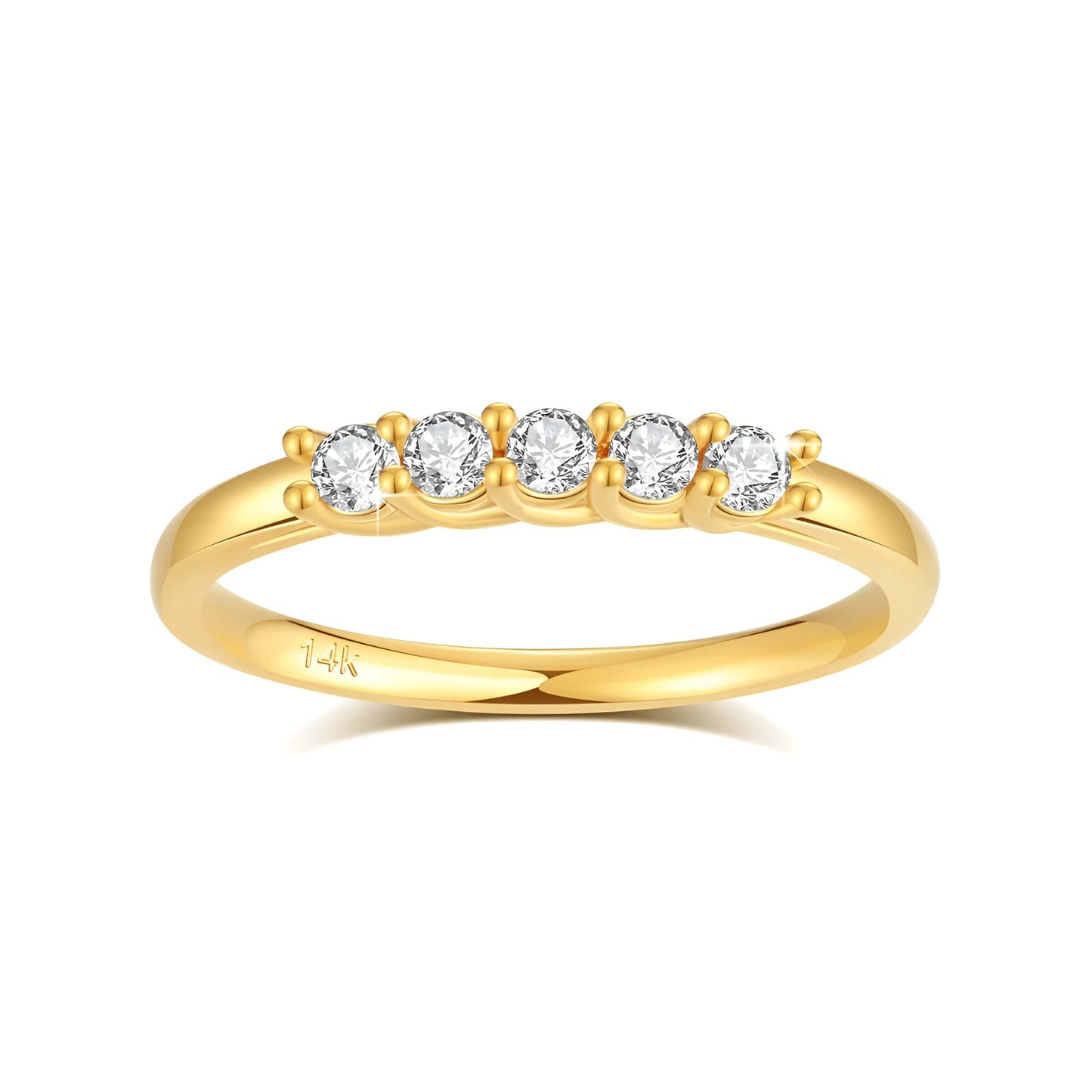 Alliance semi-éternité cinq diamants 0.05CT Solara en or jaune 14K sur fond blanc.
