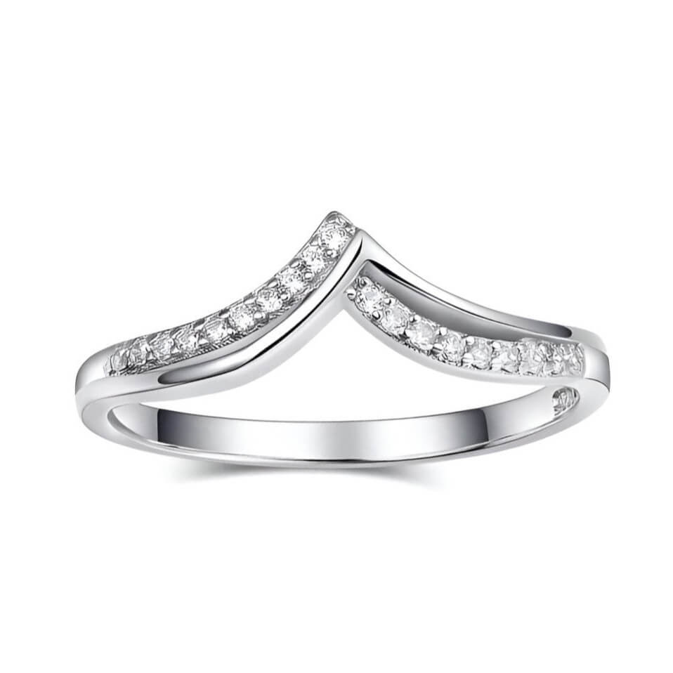Alliance V Ophelia en argent sterling 925 plaqué or blanc et diamants vue de face.