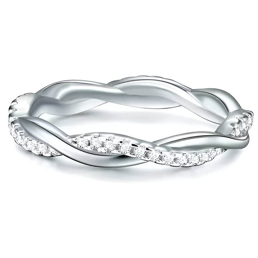 Alliance zirconium en argent sterling 925, bague femme entrelacée de diamants et or blanc 18K vue de face