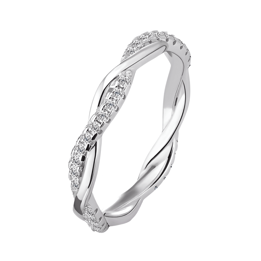 Vue de face de l'alliance zirconium enlacé en argent 925, pavée diamants zircon éclatants, bague pas cher pour femme idéale de mariage ou d'engagement 