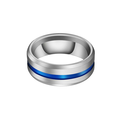 Bague bande bleue fashion homme Selwynen acier 316L plaqué titane blanc à plat.
