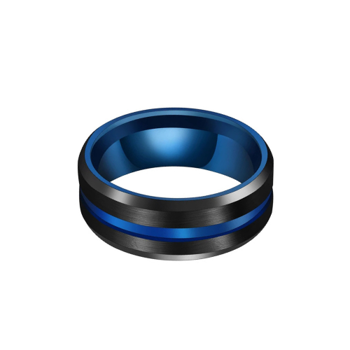 Bague bande bleue fashion homme Selwynen acier inoxydable plaqué titane noir à plat.