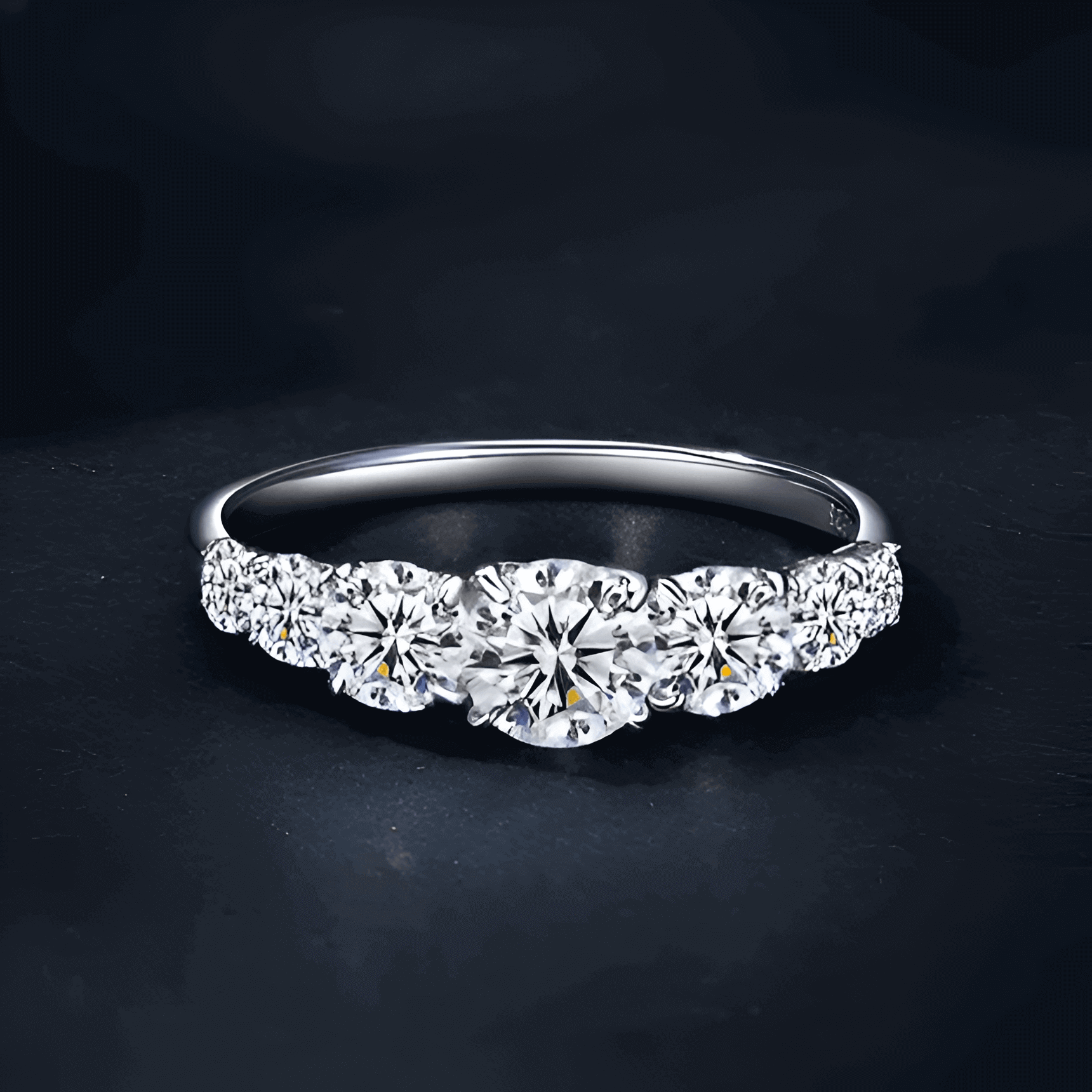 Bague cinq pierres graduées en or blanc et diamants synthétiques vue de face.