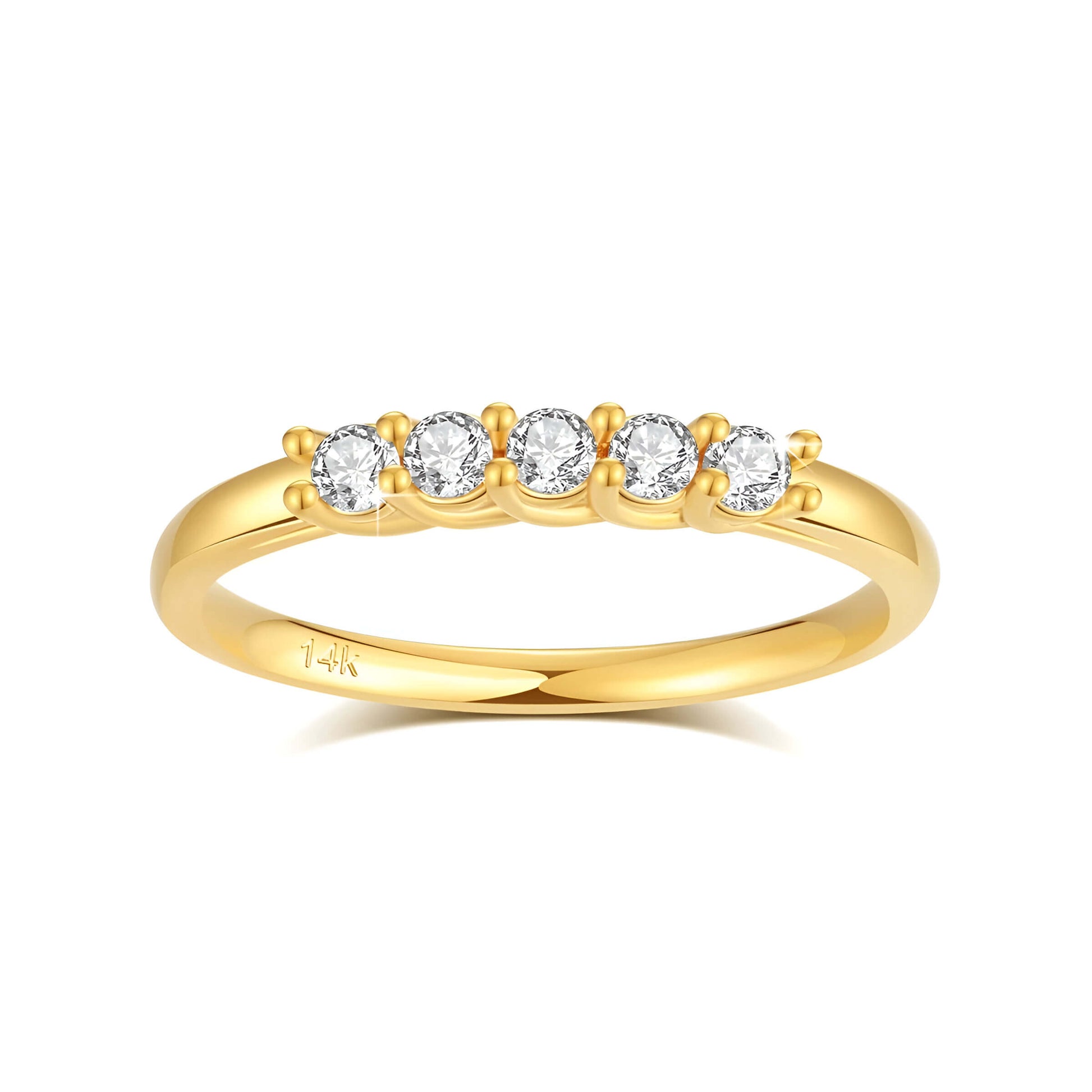 Vue de face de l'ALLIANCE EN OR 14K DEMI-LIGNE D'ÉCLATS - alliance en or fine et délicate avec demi-ligne de diamants scintillants