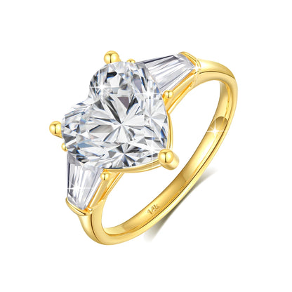 Bague de fiançailles cœur 3ct triple diamants étincelants Irit en or jaune 14K debout.