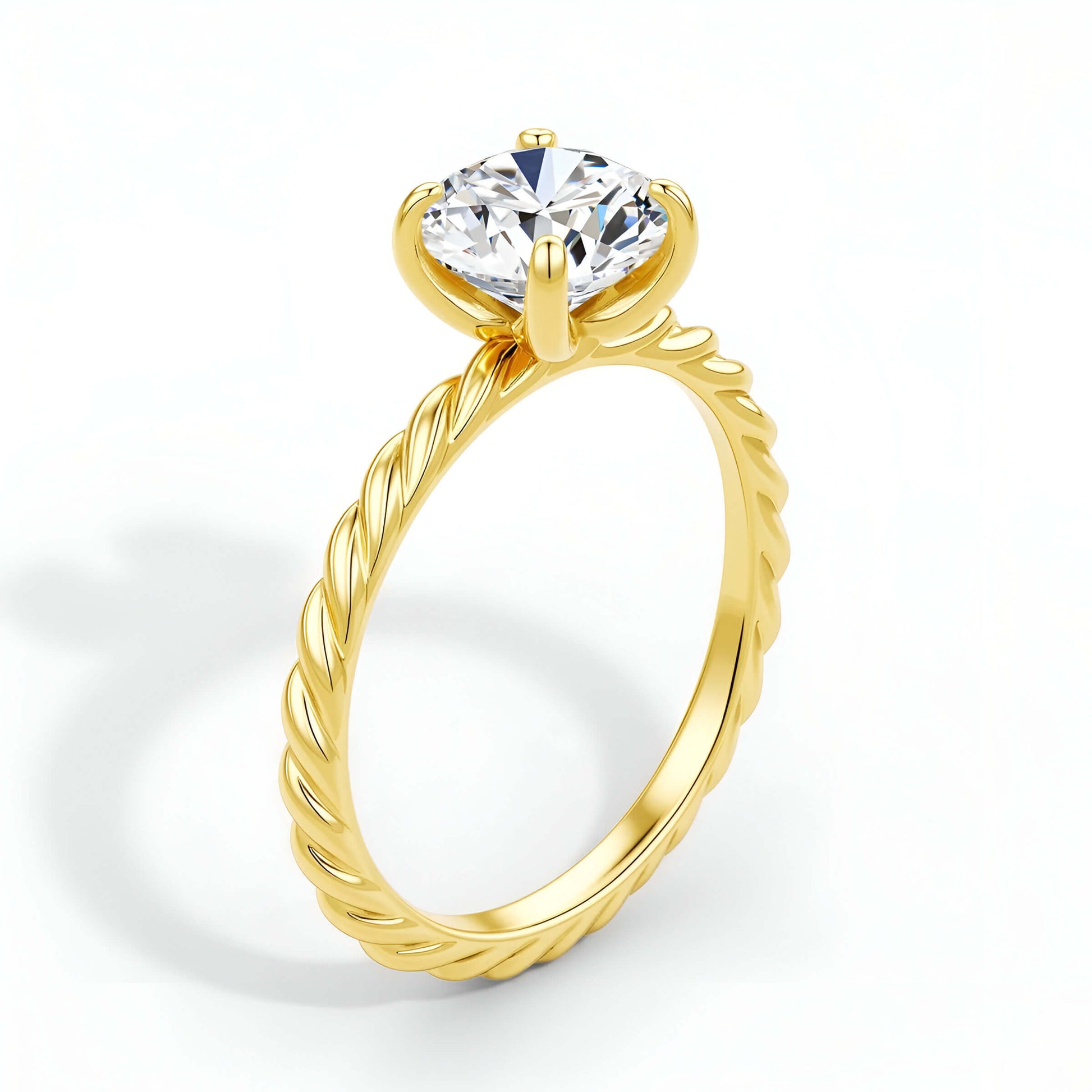 Bague de fiançailles ondulée Nova en or jaune 14K rayonnant et diamant rond de 1CT serti quatre griffes vue de côté.