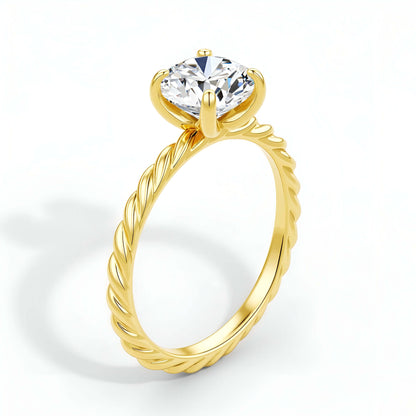 Bague de fiançailles ondulée Nova en or jaune 14K rayonnant et diamant rond de 1CT serti quatre griffes vue de côté.