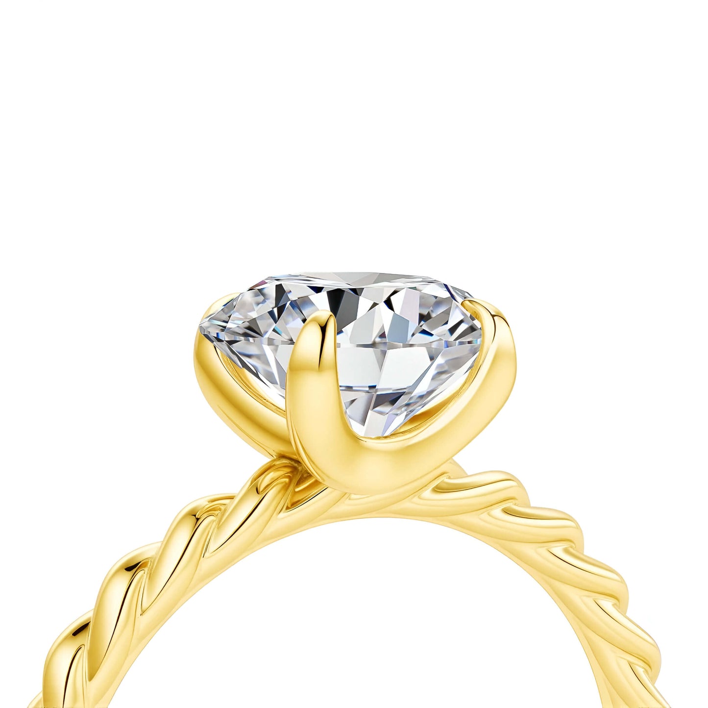 Détail de la bague de fiançailles ondulée Nova en or jaune 14K et diamant rond de 1CT serti quatre griffes vue de proche.