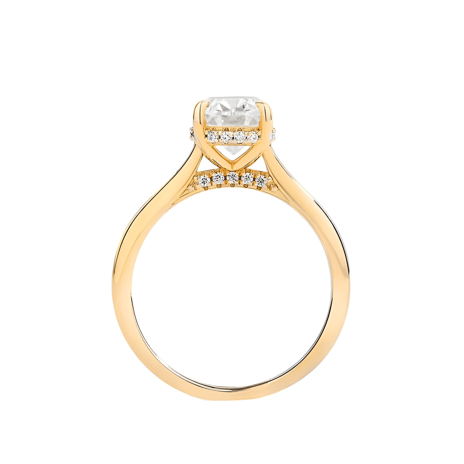 Bague de mariage diamant solitaire Calypso en argent 925 plaqué or jaune rayonnant vue latérale.