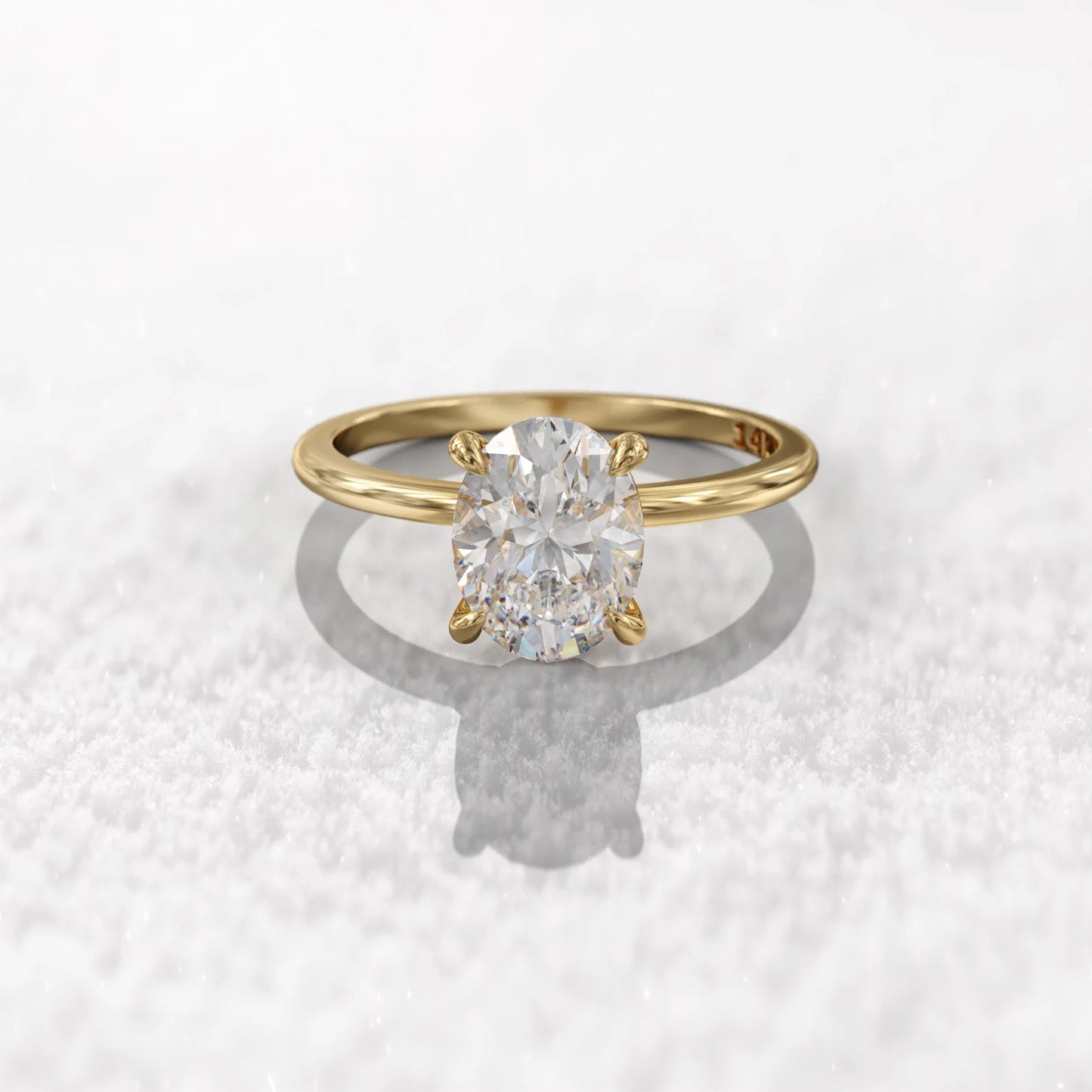 Bague d'engagement fine diamant ovale 3ct Mira en argent 925 plaqué or jaune rayonnant à plat.