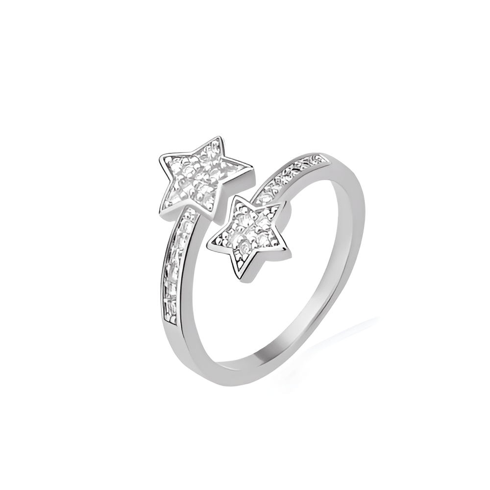 Bague double étoiles ajustatble en acier inoxydable plaqué or blanc 18K délicat et diamants debout.