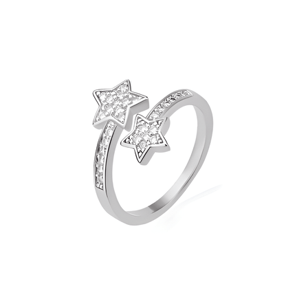 Bague double étoiles ajustatble en acier inoxydable plaqué or blanc 18K délicat et diamants debout.