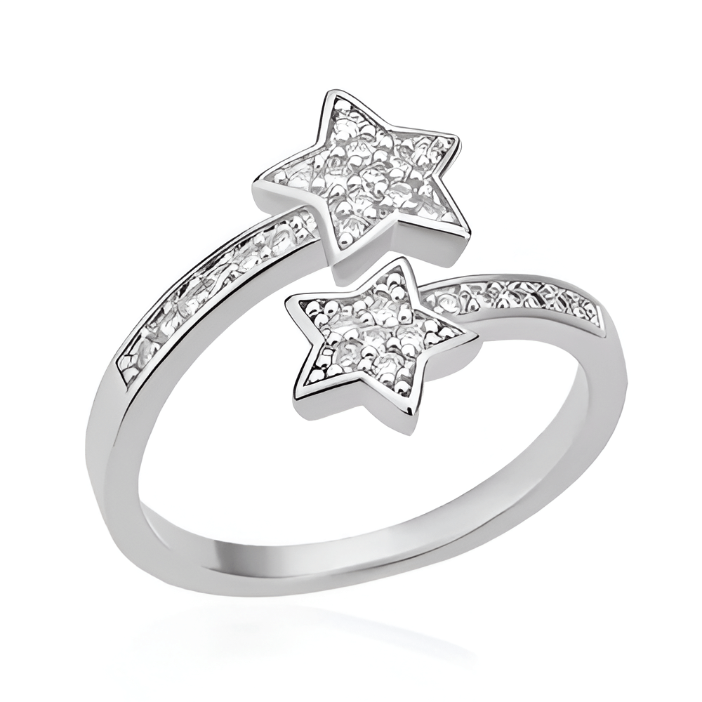 Bague double étoiles ajustatble en acier inoxydable 316L plaqué or blanc 18K et diamants sur fond blanc.