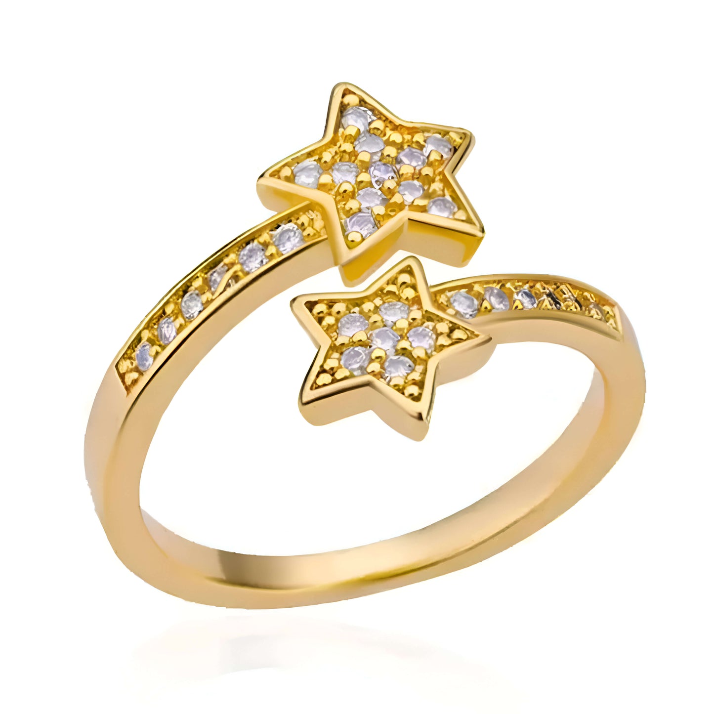 Bague fantaisie ouverte en or jaune et diamants naturels sur fond blanc.