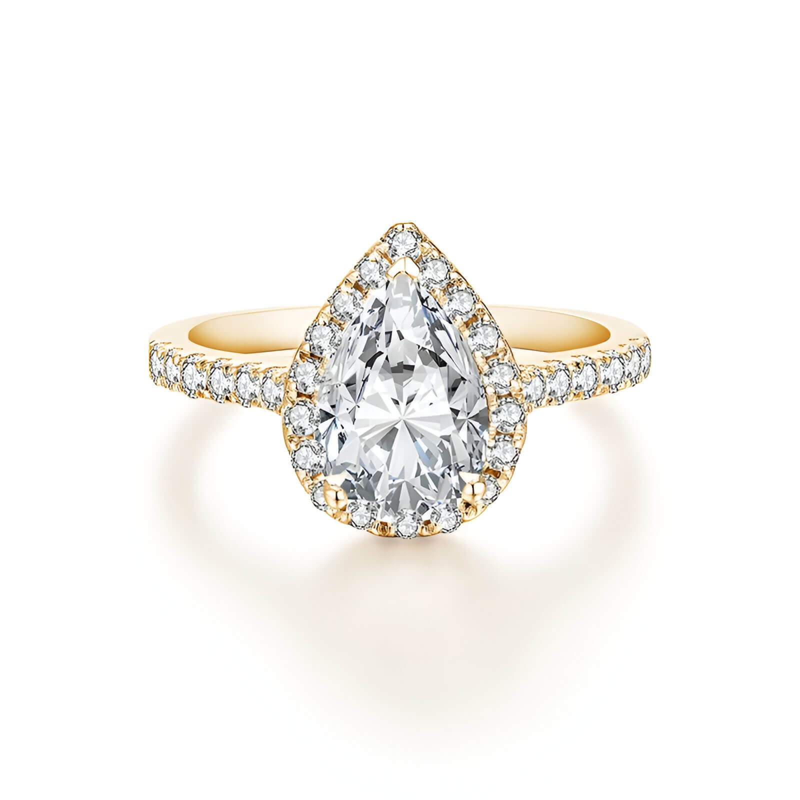 Bague diamant goutte 2CT Aelysë en argent 925 plaqué or jaune 18K lumineux et halo de diamants sur fond blanc.