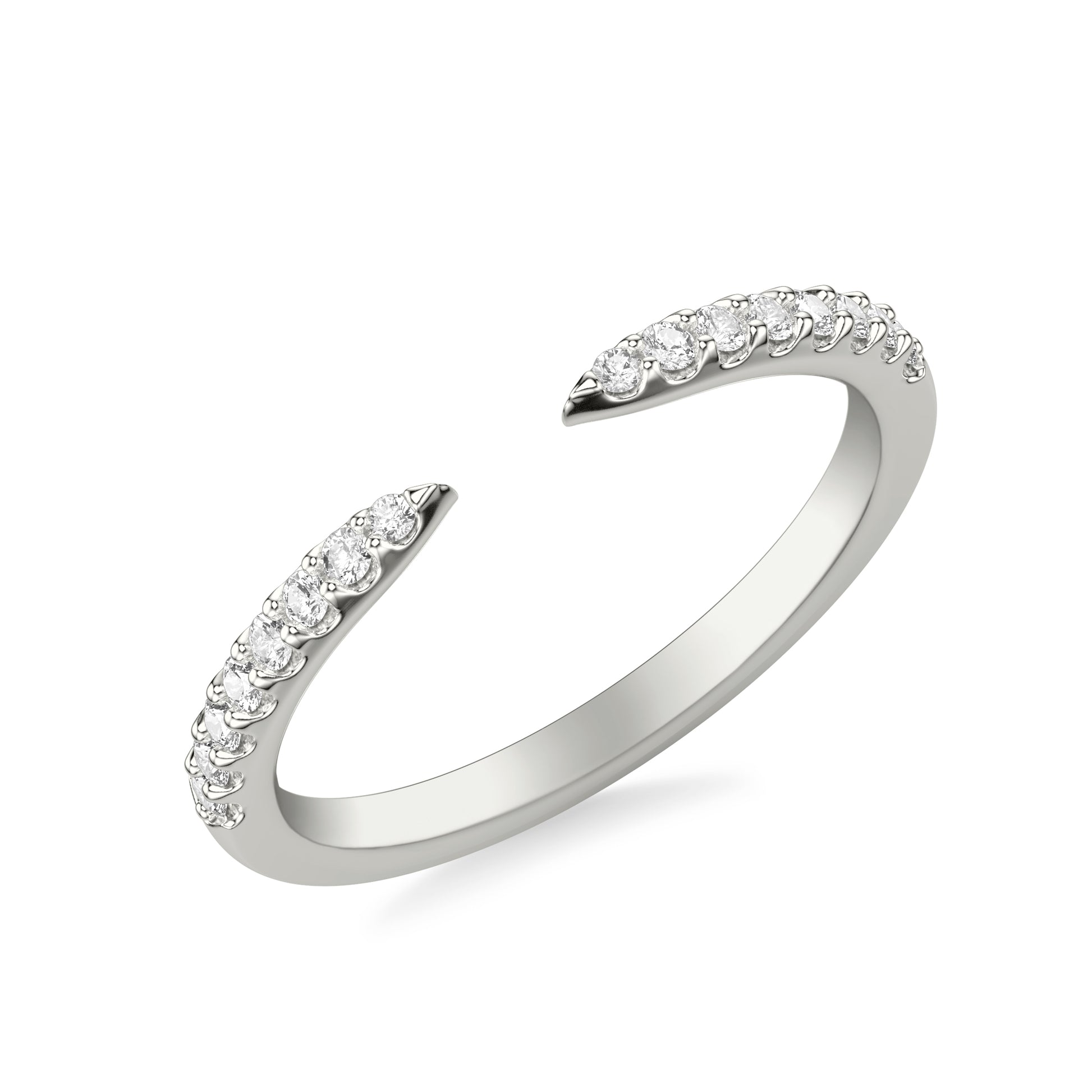 Vue latérale de la bague ouverte en argent sterling 925, ornée de diamants en zircon scintillants, avec une finition plaquée or blanc 18K, design chic et minimaliste - La Petite Rebelle