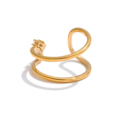 Bague ouverte en or vue de dos, en acier inoxydable plaqué or 18K avec zircon scintillant, un design unique de La Petite Rebelle