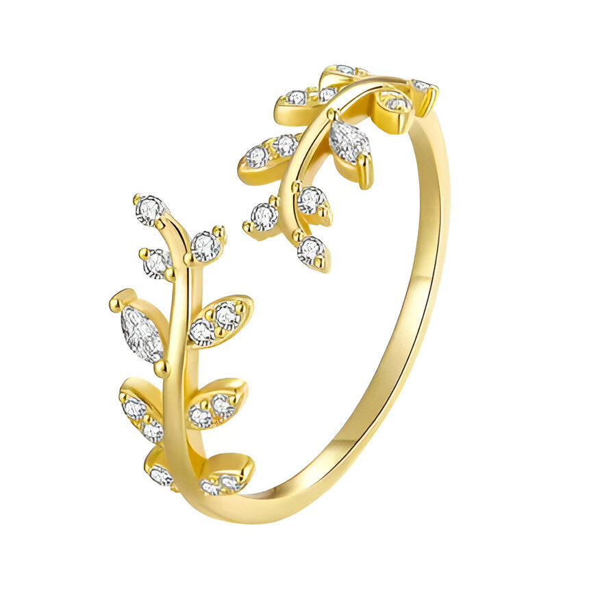Bague ouverte en or feuillage de diamants en or 18K, plaquée or blanc 18K, argent sterling 925 avec zircon – bijou élégant et moderne pour femme.