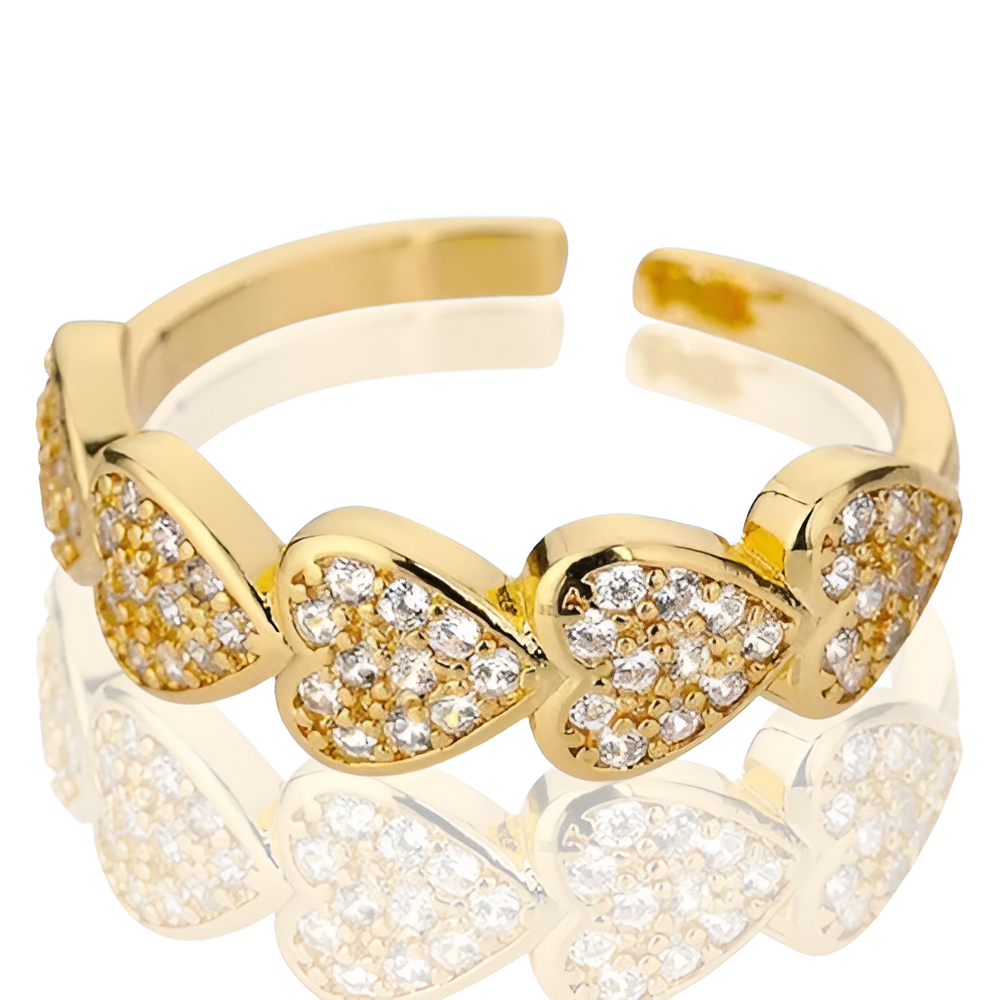 Bague ouverte en or élégante avec éclats en cœur sertis de zircon, finition plaqué or 18K, vue détaillée sur fond blanc