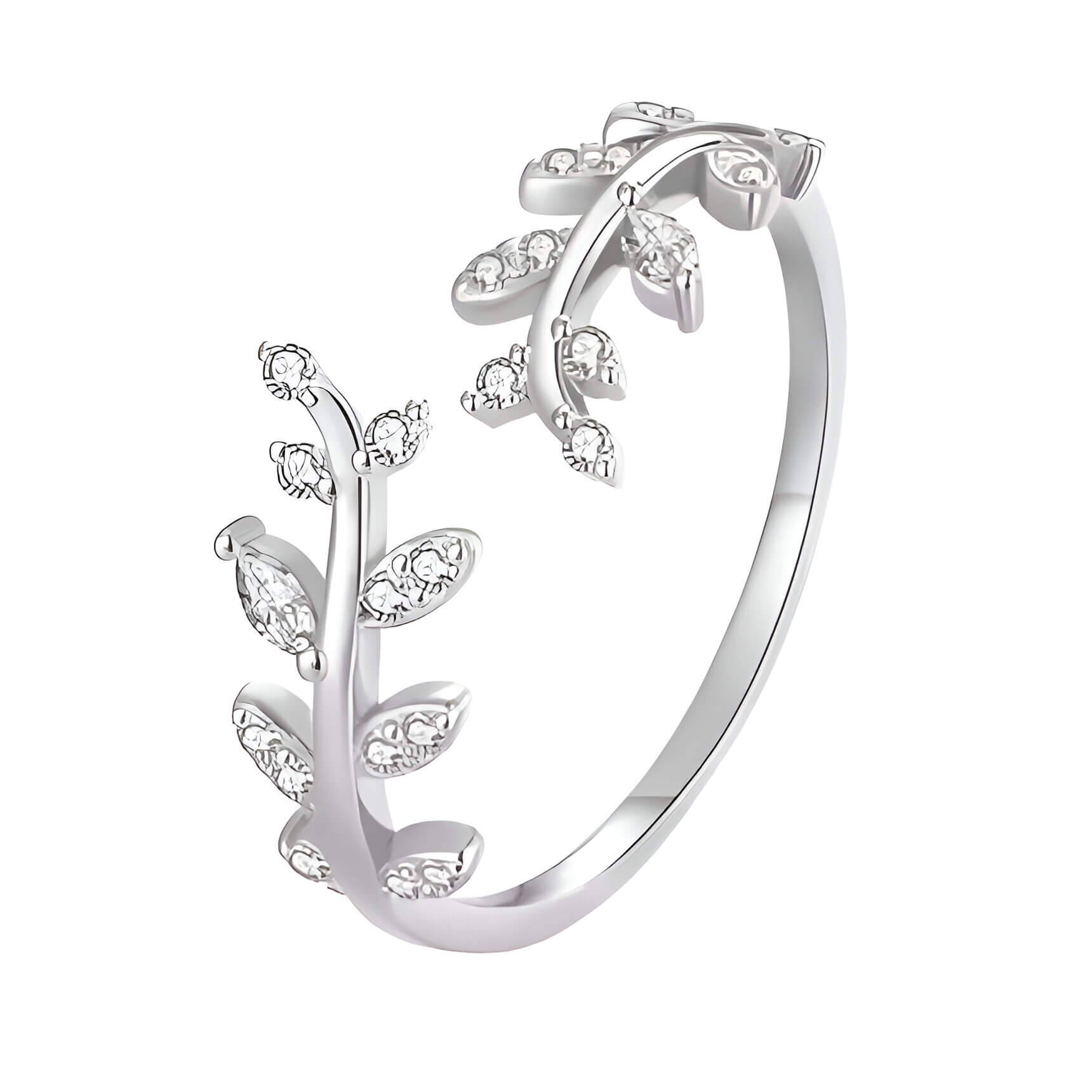 Bague ouverte feuille de laurier Caméllia en argent 925 plaqué or blanc et diamants sur fond blanc.