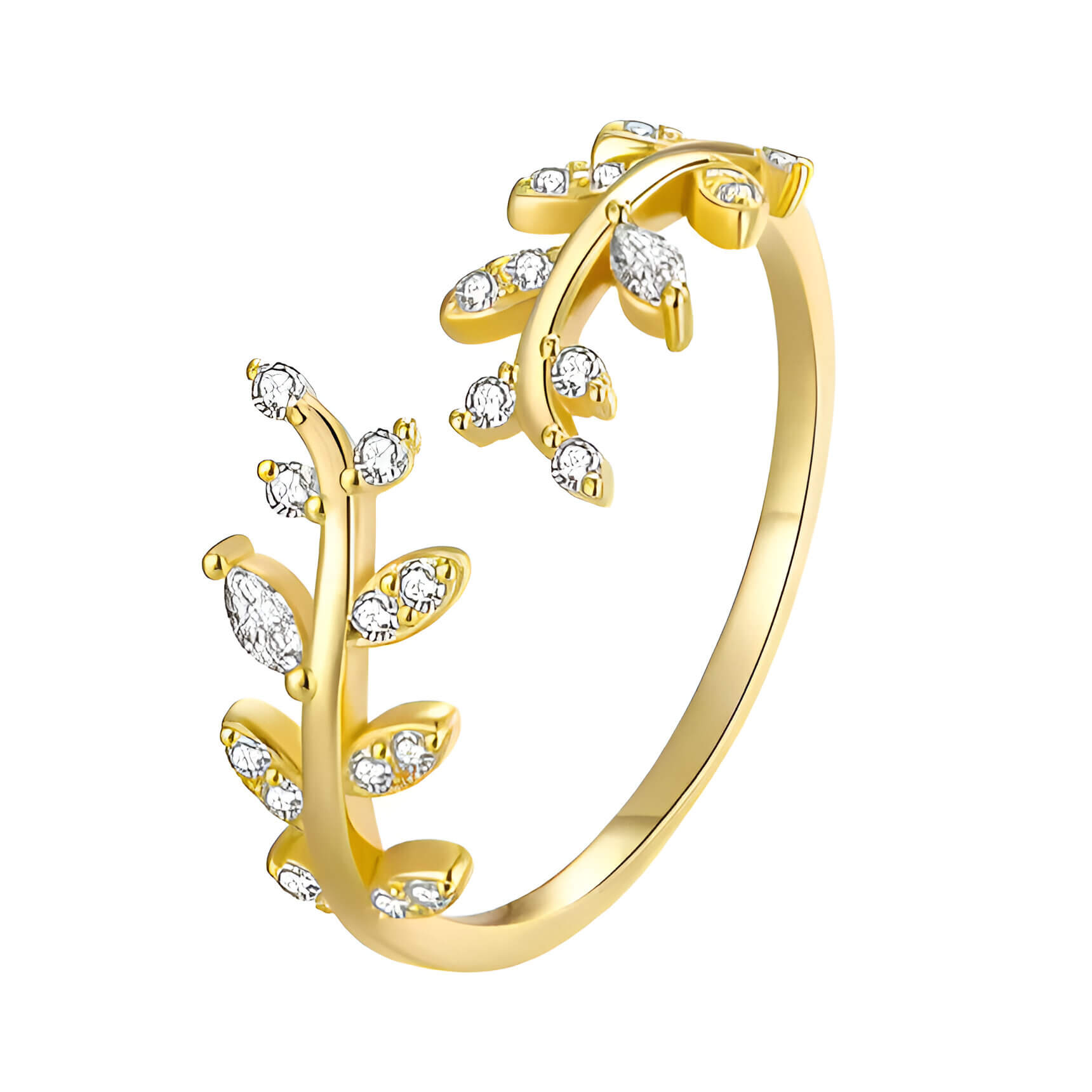 Bague ouverte feuille de laurier Caméllia en argent 925 plaqué or jaune et diamants sur fond blanc.