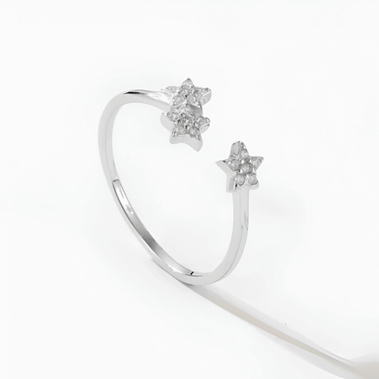 Bague ouverte trio d'étoiles en argent  sterling 925 rhodié et zircons sertis grains debout.
