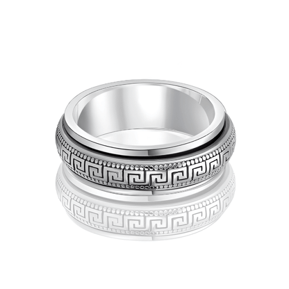 Bague rotative anti-stress en argent 925 et platine sur fond blanc.